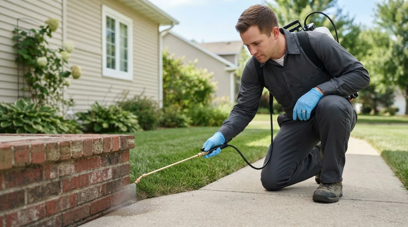 Pest control technician treating a home near Pipe Creek, TX